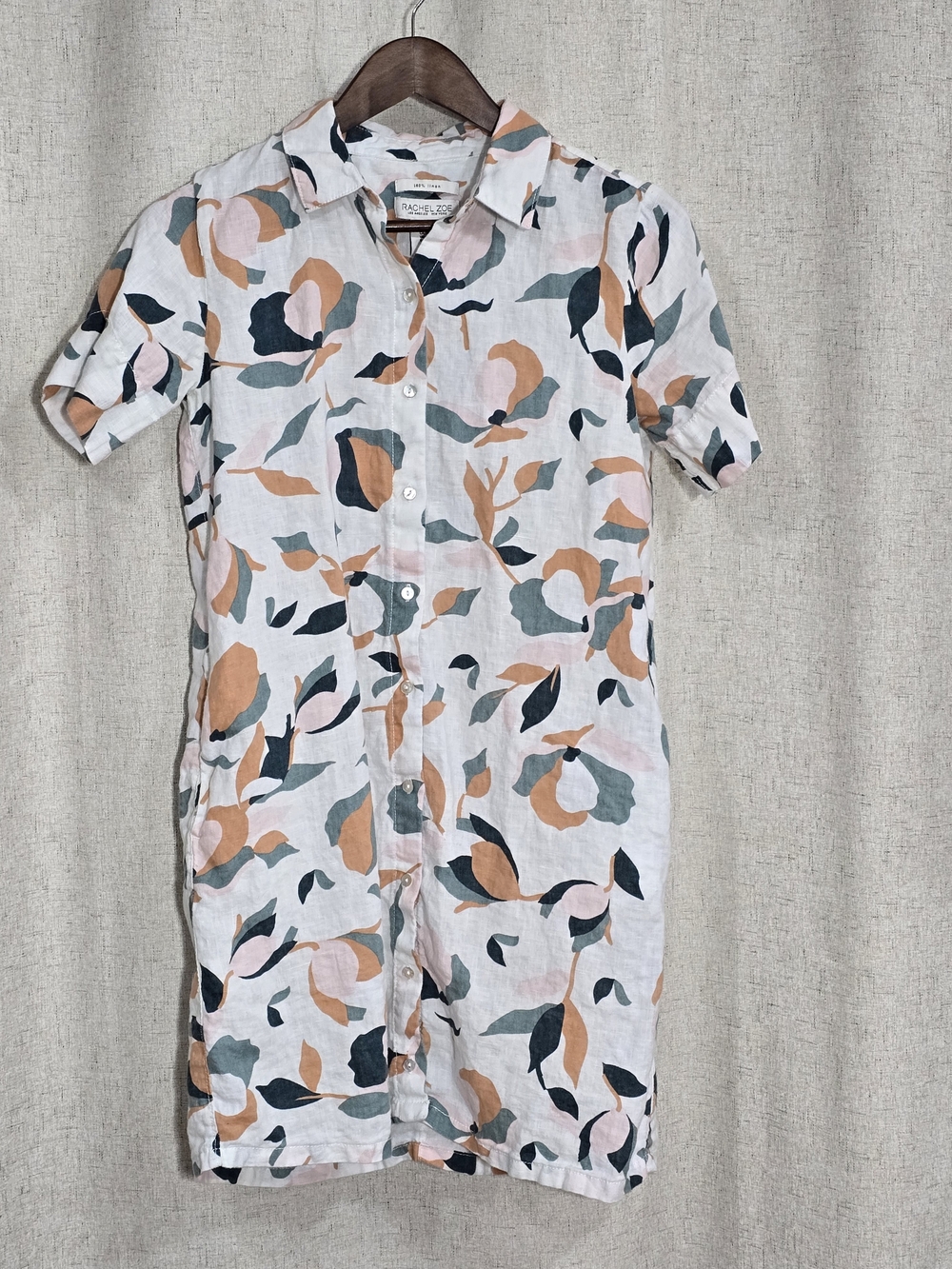Rachel Zoe White Linen Shirt Dress with Peach & Sage Print